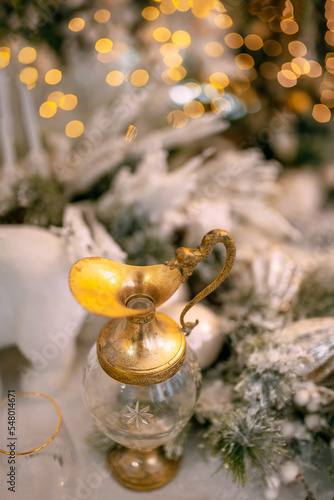 Cozy atmosphere of Christmas, holidays and New Year in the details of the interior of the Christmas room. Christmas decorations luxury