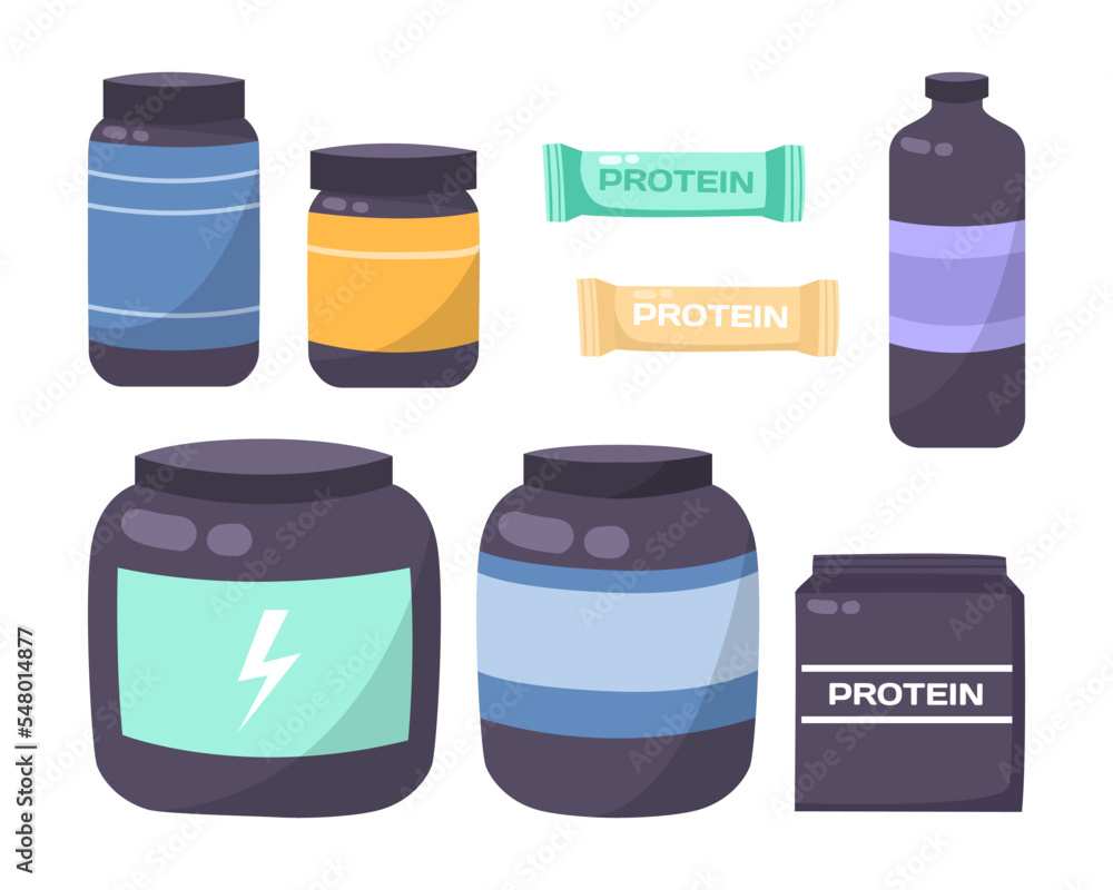 Sport food containers. Realistic drink bottles. Vector protein powder By  Microvector