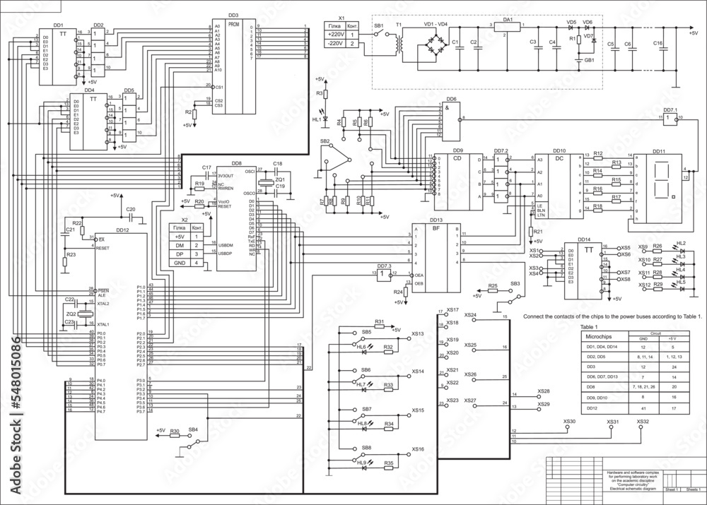 Electrical schematic diagram. Vector large drawing on white 
paper of a complex electrical circuit of an electronic device. Graduation project. Scheme 1.