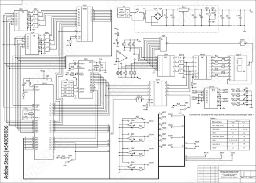 Electrical schematic diagram. Vector large drawing on white paper of a complex electrical circuit of an electronic device. Graduation project. Scheme 1.