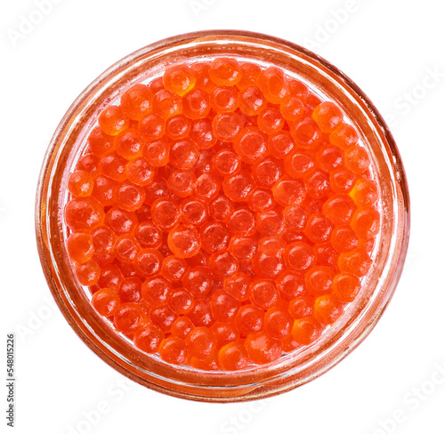 Artificial fake red caviar in glass jar isolated on white background. With clipping path.