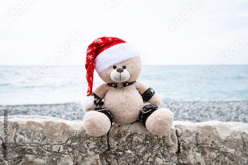 bdsm accessories on a plush Christmas bear in a Santa Claus hat on the background of rocks and the sea