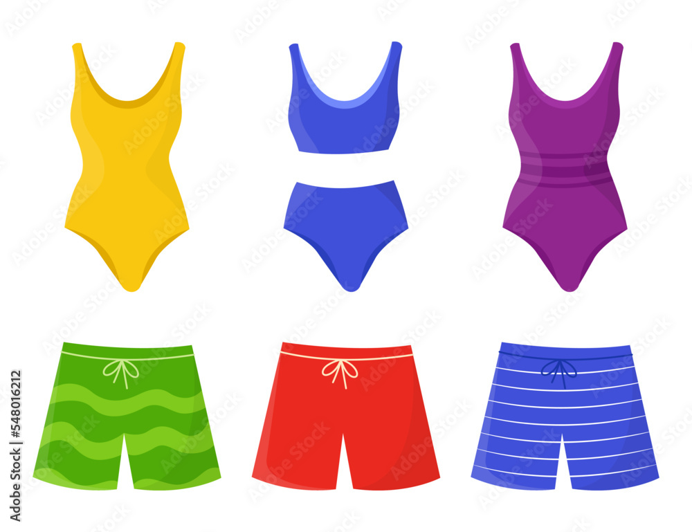 Premium Vector  A set of men s swimming trunks and women s swimwear  children s clothing for swimming
