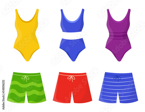 Male and female swimsuits vector illustrations set. Colourful women bathing suits and men shorts on white background. .Holiday, summer, swimming concept.