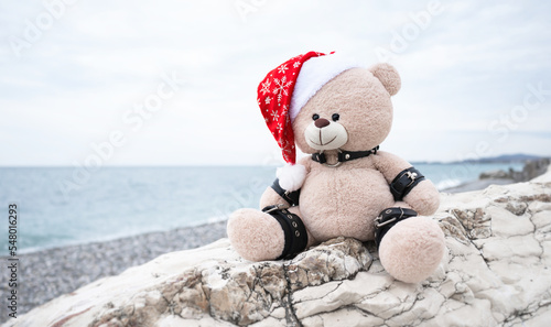 Canvas Print bdsm accessories on a plush Christmas bear in a Santa Claus hat on the backgroun