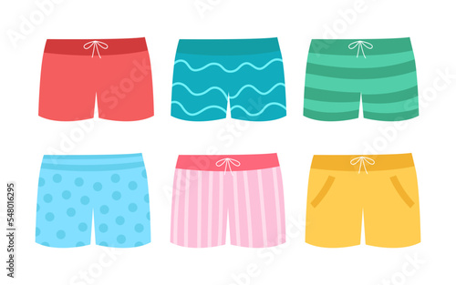 Colorful swimwear for boys vector illustrations set. Collection of swimming trunks or underwear for children isolated on white background. Summer activities, fashion, childhood, vacation concept