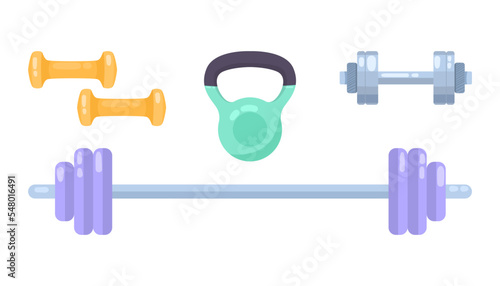 Metal equipment for workout at gym vector illustrations set. Collection of cartoon drawings of barbell and dumbbells isolated on white background. Sports, fitness, healthy lifestyle concept