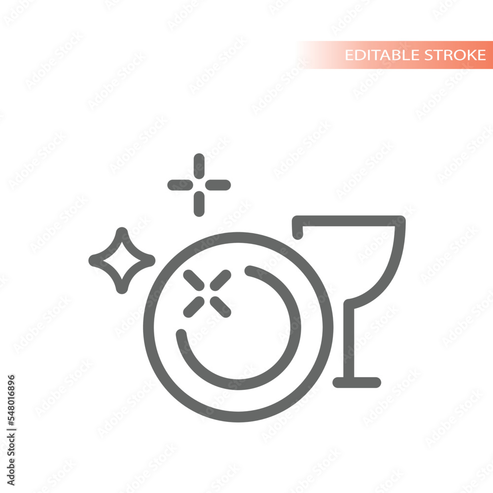 Shiny and clean dishes line vector icon. Plate and glass cleaning, dish washing outlined symbol. Shiny and clean dishes line vector icon. Plate and glass cleaning, dish washing outlined symbol.