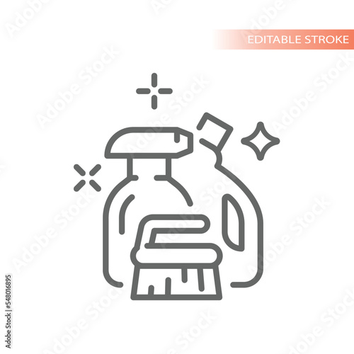 Cleaning supplies and products line vector icon. Spray bottle  brush  clean outlined symbol.