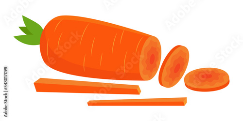 Carrot cut into parts vector illustrations set. Big carrot cut into long strips and round slices on white background..Cooking, cutting, vegetable concept.