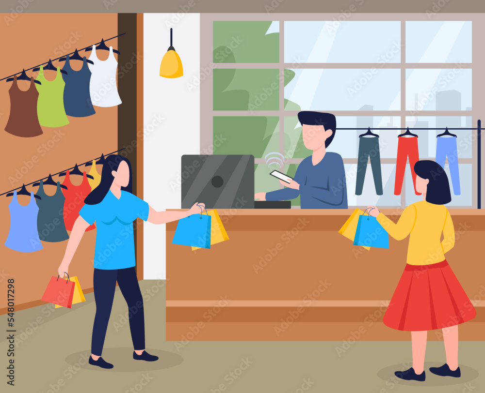 Females doing shopping from a mall, flat illustration 
