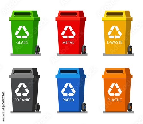 Trashcans for different kinds of waste vector illustrations set. Recycle bins for glass, metal, e-waste, organic, paper and plastic on white background. Recycling, ecology, environment concept