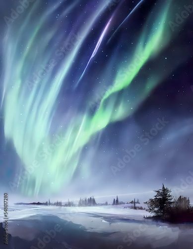 aurora over the sea, aurora in a snowy winter night, illustration, background, backdrop, digital © Caphira Lescante