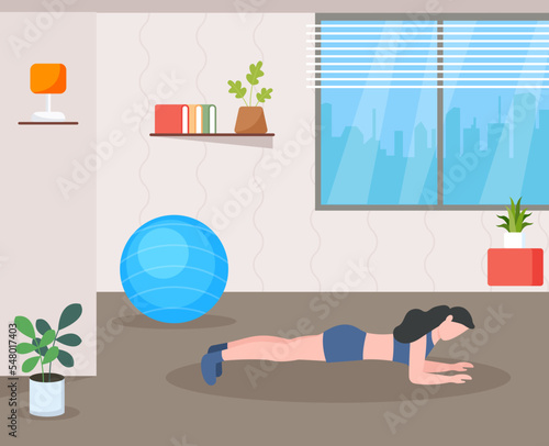 A flat illustration of exercise, girl with exercise pose