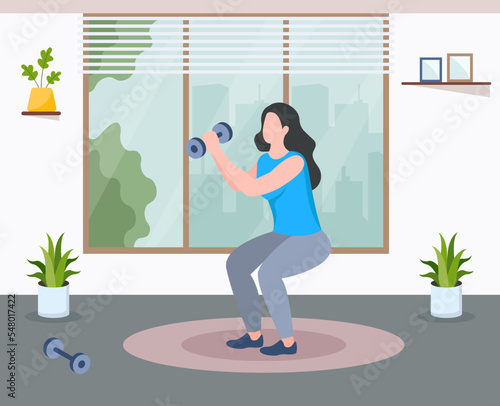 A flat illustration of exercise, girl with exercise pose