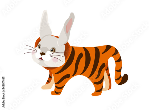 Chinese New Year 2023 and Merry Christmas transform. Cute cartoon rabbit in a tiger striped costume, tiger turns into a bunny. Printing for kid's T-shirt, greeting card, poster. Vector illustration