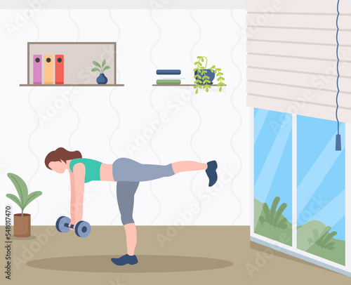 A flat illustration of exercise, girl with exercise pose