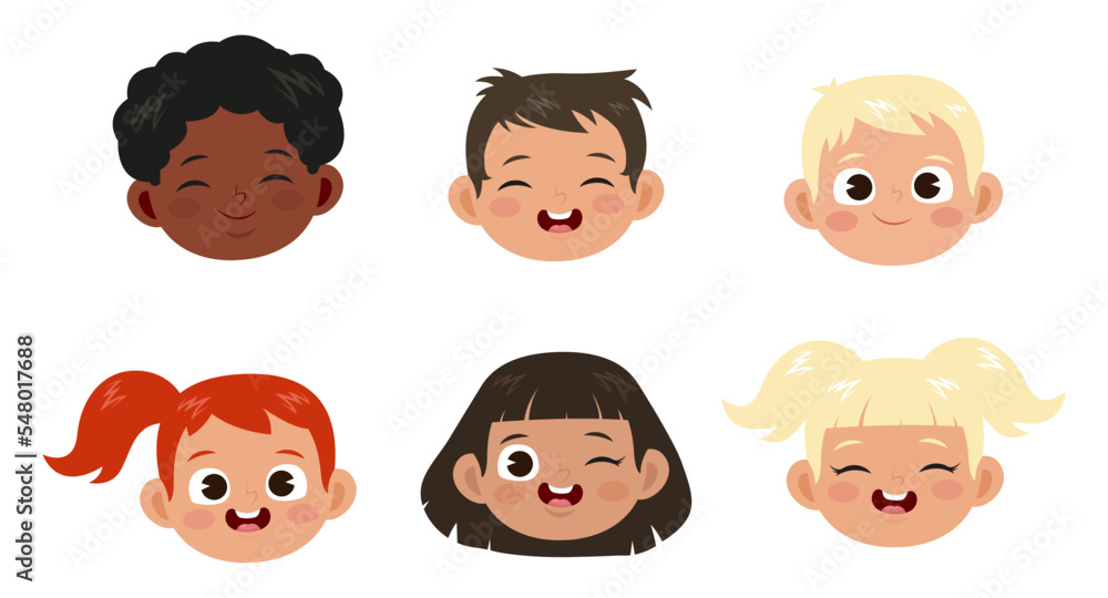 Happy faces of boys and girls vector illustrations set. Collection of cute facial expressions of children, kids smiling and laughing isolated on white background. Childhood, emotions concept Happy faces of boys and girls vector illustrations set. Collection of cute facial expressions of children, kids smiling and laughing isolated on white background. Childhood, emotions concept