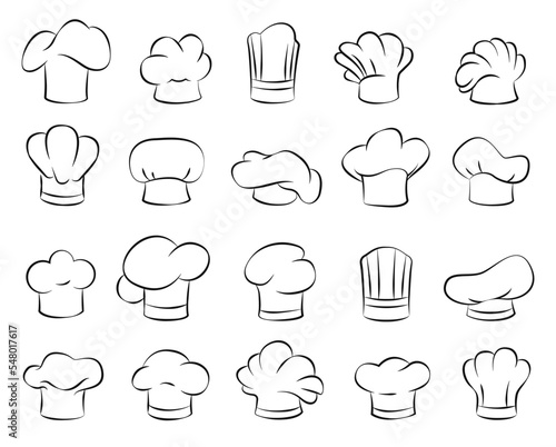 Sketch cook hats. Restaurant kitchen cap, cooker hat and hand drawn chef symbol vector illustration set