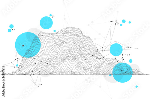 3D grid cyberspace illustration. Trendy abstract wireframe background. Digital technology Mountain. EPS 10 Vector.
