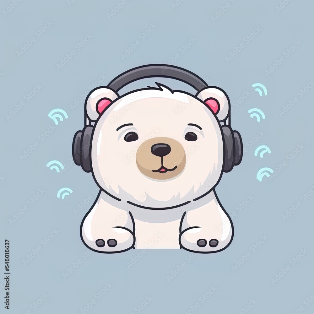 Obraz premium Cute polar bear listening music cartoon 2d illustrated icon illustration. animal technology icon concept isolated premium 2d illustrated. flat cartoon style