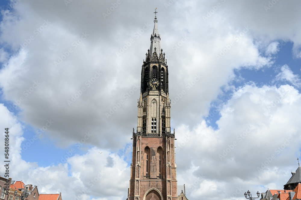 Church tower in Delft, Netherlands. The Nieuwe Kerk is Protestant church in city centre of Delft. 