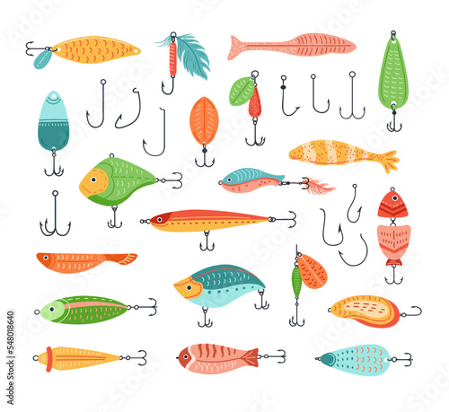 Fishing baits. Fish lure with hook, cartoon fisherman tackle and artificial fishes shapes vector set