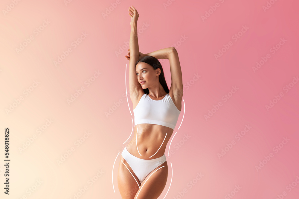 Young Beautiful Woman With Perfect Body In Underwear Posing Over Gradient Background - obrazy, fototapety, plakaty 