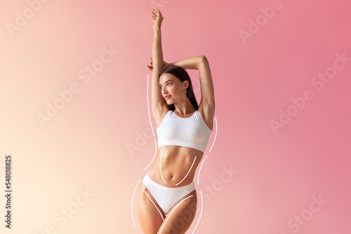 Fototapeta Young Beautiful Woman With Perfect Body In Underwear Posing Over Gradient Backgr