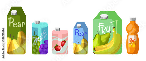 Cartons of different fruit juices vector illustrations set. Collection of grape, pear, banana juices in boxes, strawberry milk, orange juice bottle on white background. Beverage, shopping concept