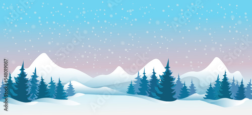 Winter landscape with snowy mountains and forest, snowdrifts, snowfall. Winter banner. Panoramic wallpaper. Christmas Landscape background. Minimalist design landscape. Vector illustration