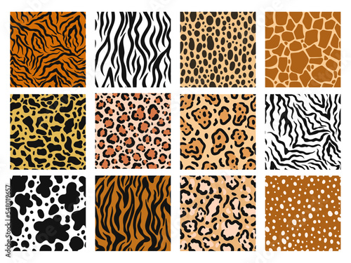 Animal skin pattern. Zoo prints of mammals fur, safari material and jaguar fashion background. Zebra, giraffe and tiger skins seamless vector set