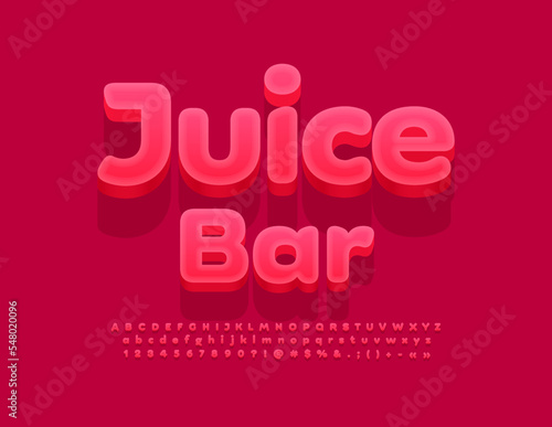 Vector stylish emblem Juice Bar. Cute Red 3D Font. Artistic Alphabet Letters and Numbers set.