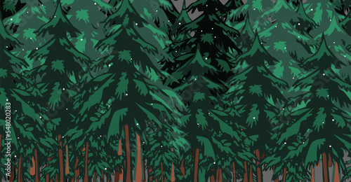 Background of a forest thicket with Christmas trees and falling snow. Vector illustration, isolated on a dark gray background
