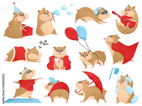 Cartoon hamster character. Cute pet mascot play guitar, sleep and do fitness. Listen music, washes in shower and walking with umbrella vector set