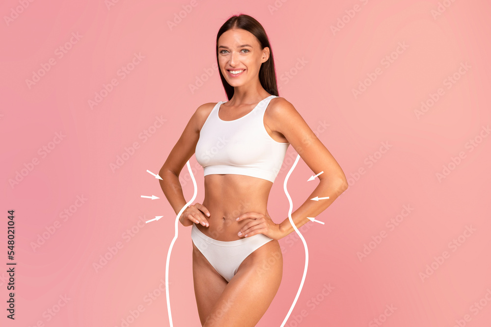 Foto de Body shaping. Happy slim lady in underwear with drawn silhouette  around figure do Stock