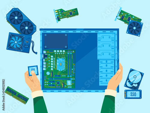 Computer assembly. Pc building, hardware repair or CPU upgrade. Personal computer components installation to case vector illustration