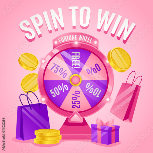 Spin to win banner. Lucky promotions with gift prize and sale discount, fortune spinning wheel game vector illustration