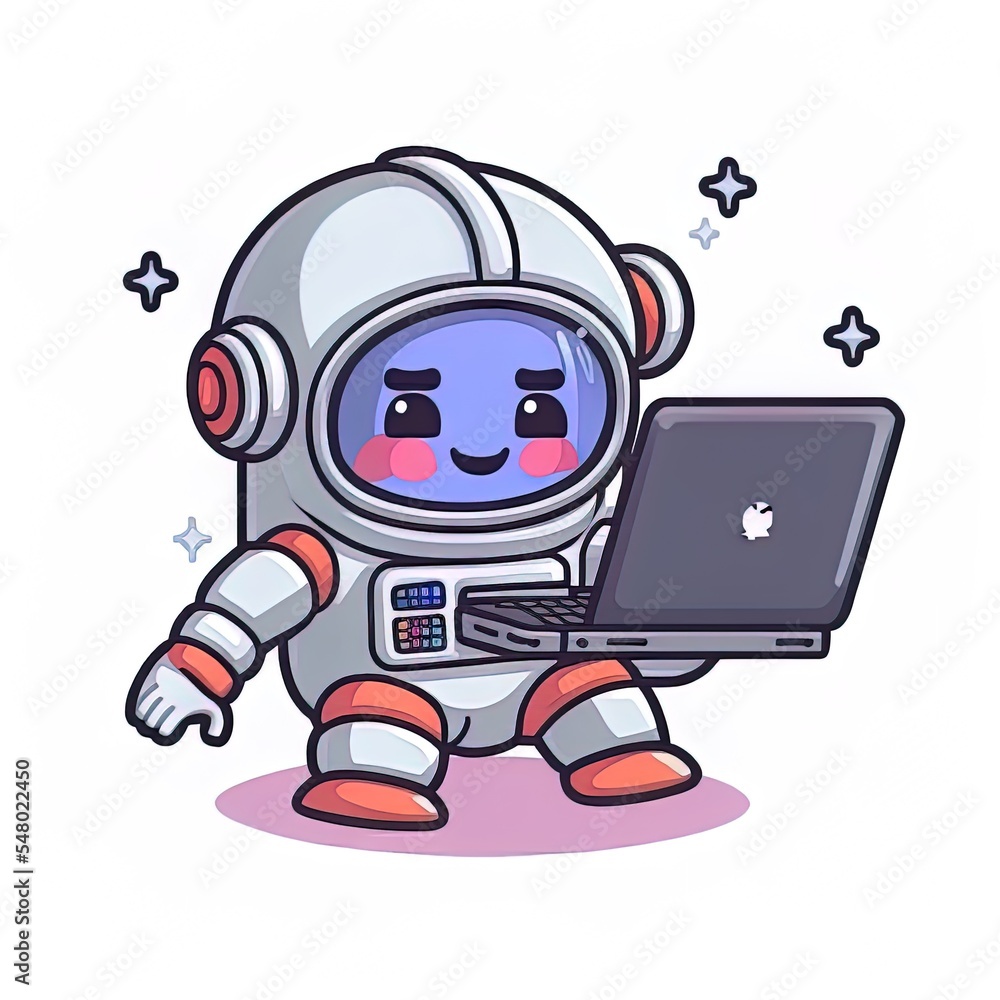 Cute astronaut operating laptop cartoon 2d illustrated icon illustration. science technology icon Cute astronaut operating laptop cartoon 2d illustrated icon illustration. science technology icon