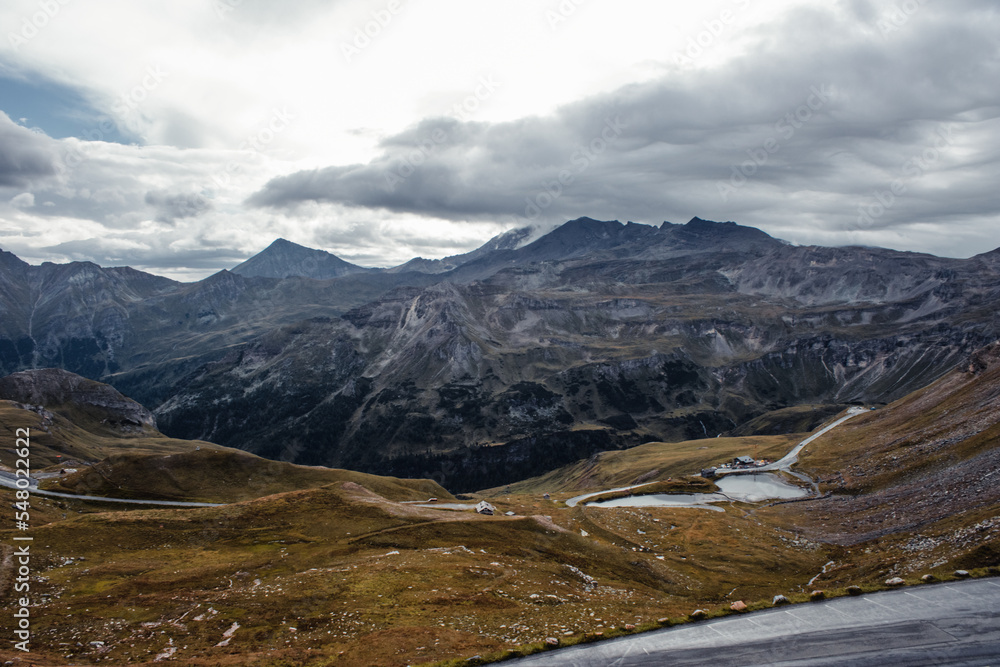 View of the Austrian Alps on the Grossglockner. Sunny day in the mountains. Landscape and srpentine road. View of the Austrian Alps on the Grossglockner. Sunny day in the mountains. Landscape and srpentine road.