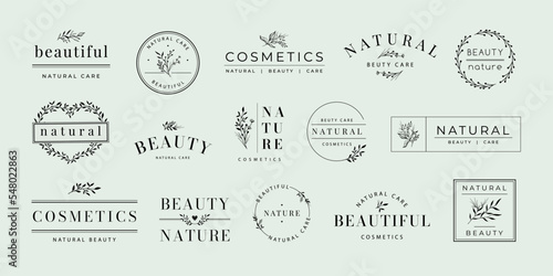 Beauty product label. Natural cosmetic tag with floral ornaments, elegant spa and care labels marketing design vector set