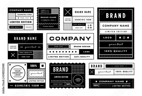 Minimal label template. Geometric tag layout, retro package grid frame and branded sticker design vector set