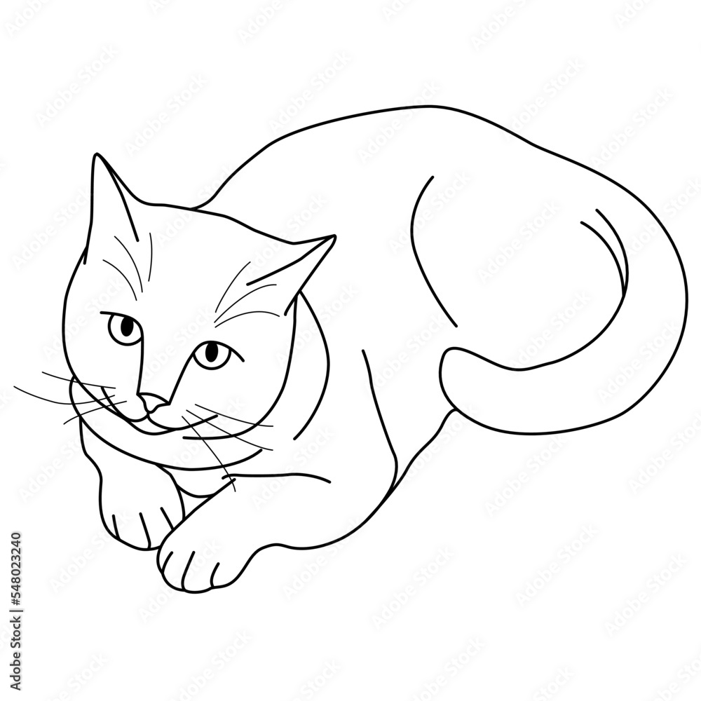 Naklejka premium Cat lies in linear vector graphics