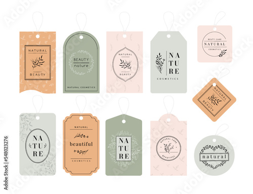 Beauty product tags. Vertical tag template with floral branches and leaves pattern for natural cosmetic products vector set