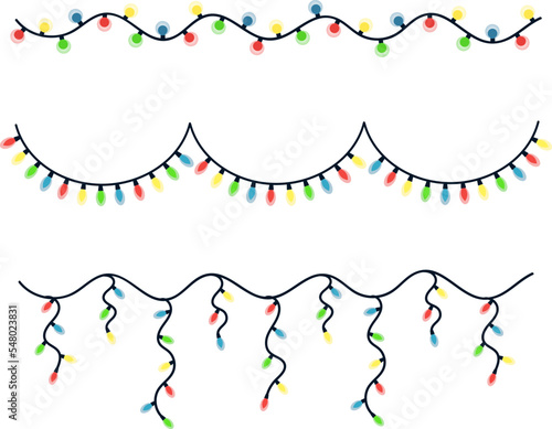 Set of garlands with multicolored bulbs. New Year illustration. Vector image in flat style.