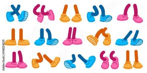 Cartoon legs. Standing and walking foots, comic leg pairs with shoes for mascot character design vector set