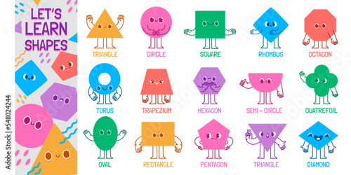 Geometric shape characters. Lets learn basic shapes, educational figure mascots for childrens vector Illustration set