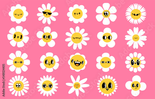 Cartoon flowers faces. Smiled character with petals, spring mascot face with eyes and smile. Retro groovy facial expressions vector set