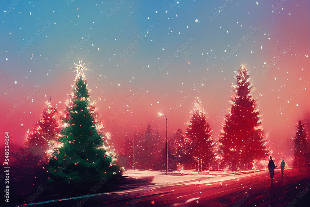 Christmas Tree On The City Street Hand Drawn Art Illustration Abstract