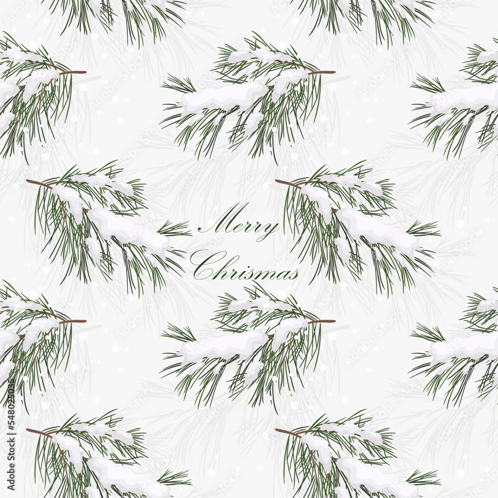 Christmas and Happy New Year seamless pattern. Branches, snowflakes, snow. Vector design template.